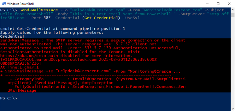 Fix: "Send-MailMessage: SmtpClientAuthentication is disabled for the