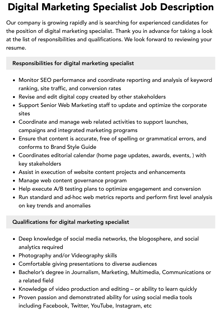 Digital Marketing Specialist Job Description | Velvet Jobs