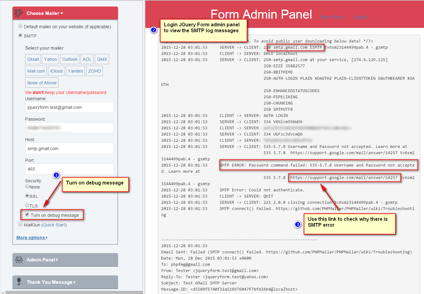 Use GMail SMTP server as JQuery Form mailer